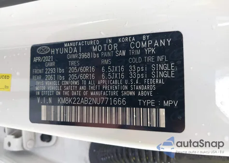 2022 Hyundai Kona Se z USA, uszkodzony, nr VIN KM8K22AB2NU771666